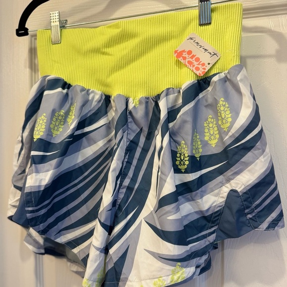NWT FREE PEOPLE Neon Yellow and Blue Leaf Pattern Athletic Shorts - Picture 1 of 3